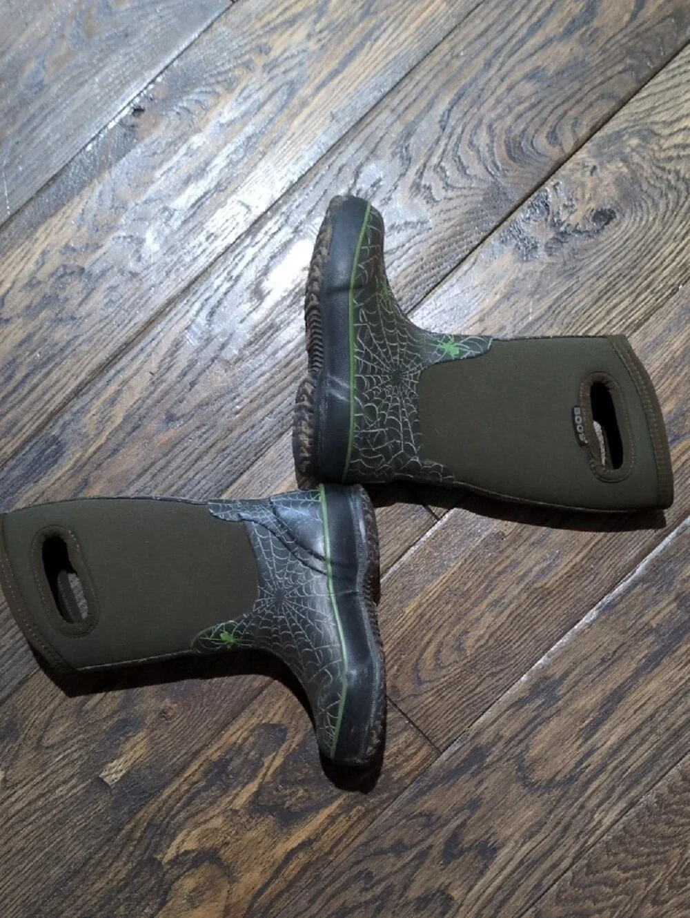 Bogs Kids Olive Green Spider Web Rain Boots with Neon Green Accents